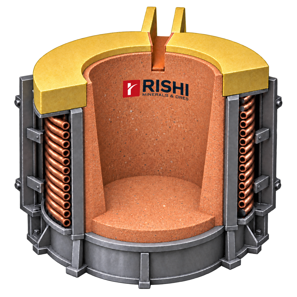 Coreless induction furnace cutaway with coarse granular orange-red refractory lining that thickens toward the bottom, a tapered bucket-shaped cavity, open pouring spout, copper coils, yellow Nalitop crown and curved-r Rishi Minerals logo