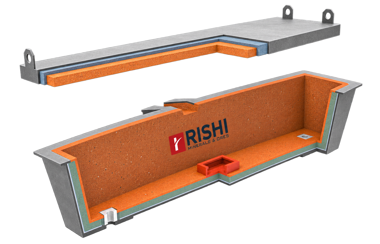 Exploded tundish cutaway and cover with a continuous open chamber, coarse granular orange refractory lining, steel shell and curved-r Rishi Minerals logo